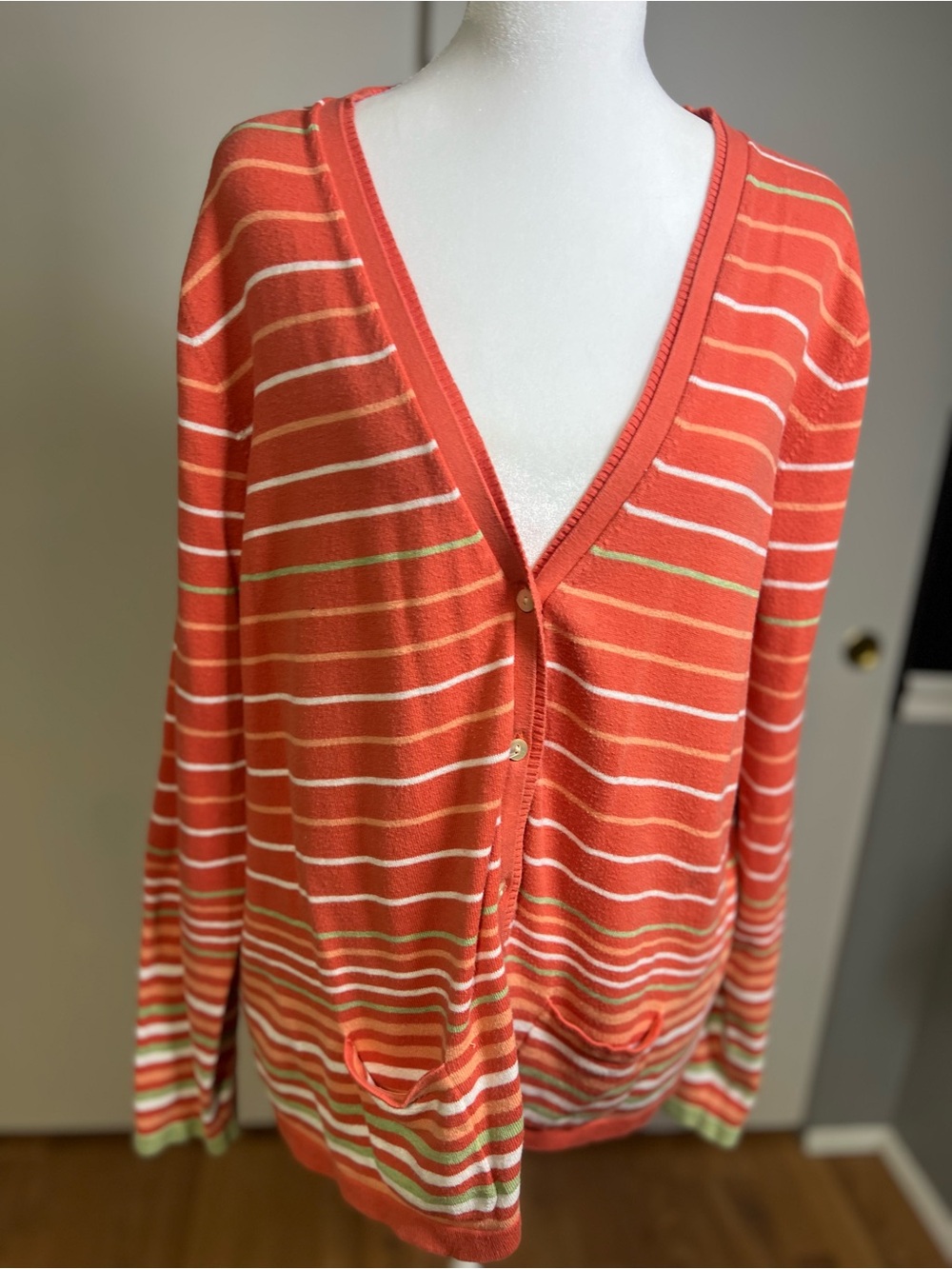 Eddie Bauer Coral Striped V-Neck Button Cardigan